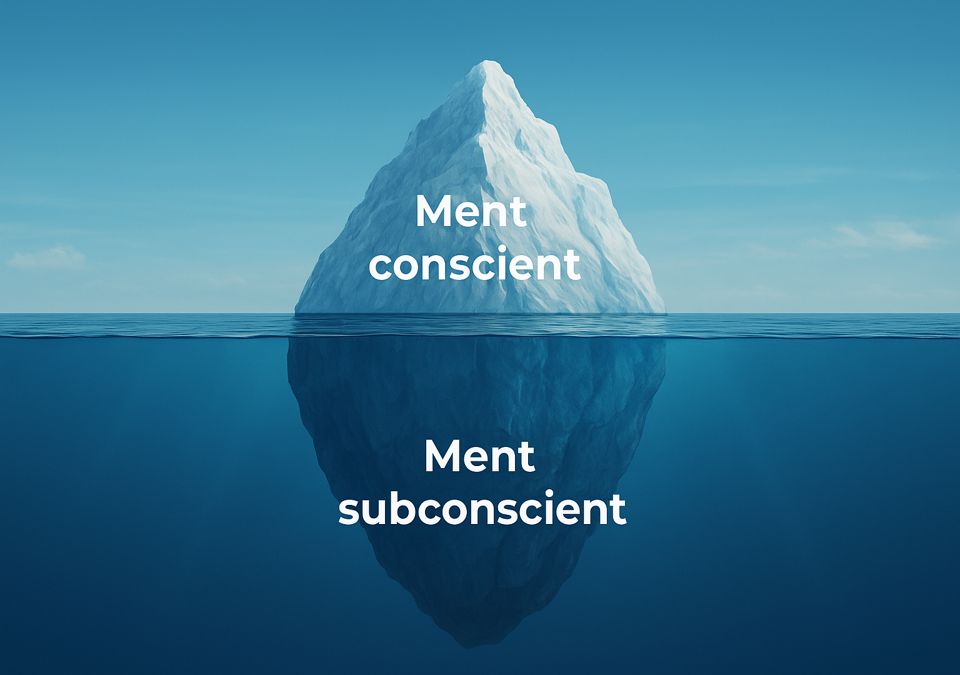 Il·lustració d’un iceberg que simbolitza la ment conscient (part visible) i la ment subconscient (part submergida).